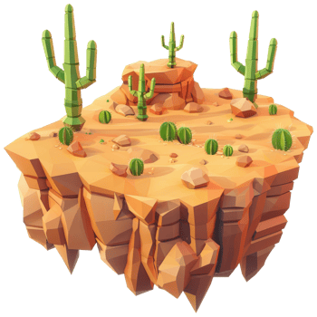 Arid desert island, overgrown with cactus trees, isometric, 3d cartoon png
