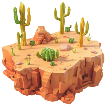 Arid desert island, overgrown with cactus trees, isometric, 3d cartoon png