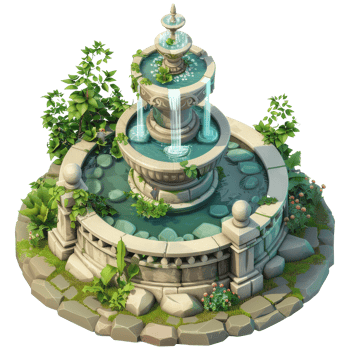 Isometric fantasy medieval garden fountain, 3d cartoon, transparent background png