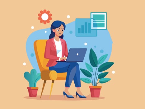 a woman using a laptop surrounded by business icons, minimal style flat cartoon colored illustration vector