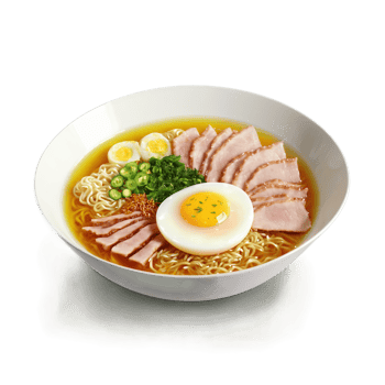 Savory ramen in transparent bowl noodles swirling broth splashing egg yolk bursting pork slices spinning png