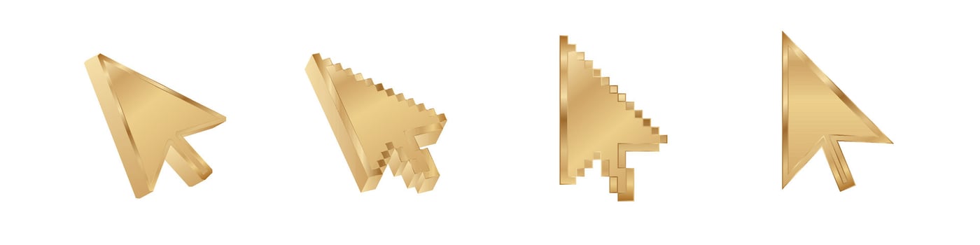 Click cursor 3d gold icon. Computer mouse pointer golden arrow vector