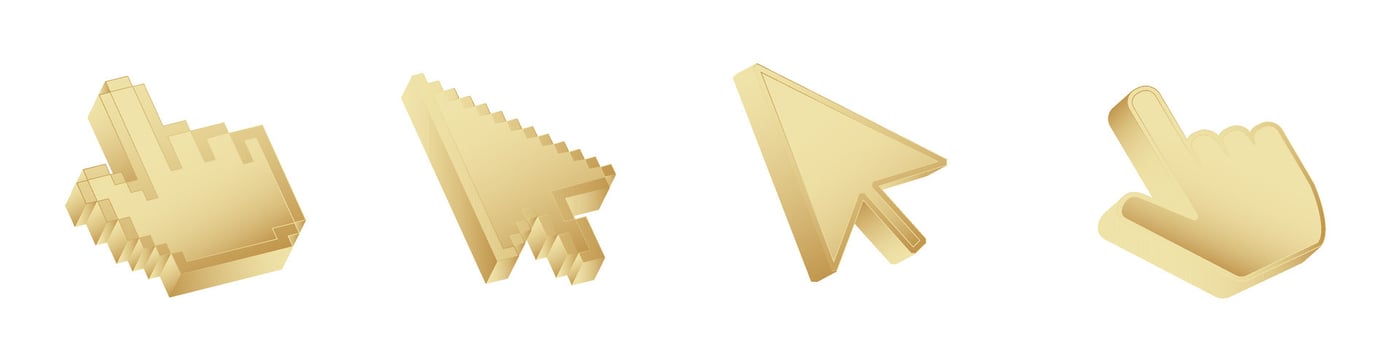 Click cursor 3d gold icon. Computer mouse pointer golden arrow vector