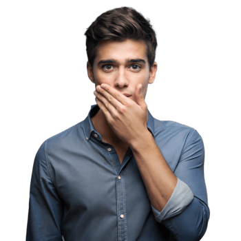 Young Man in Blue Shirt Covering Mouth With Hand, Expressing Surprise png