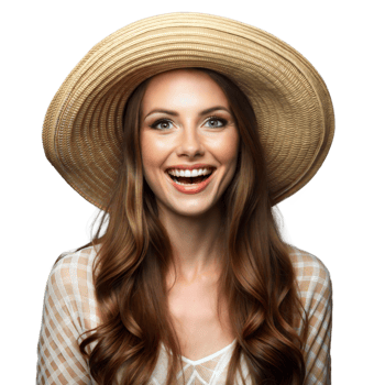 Smiling Young Woman Wearing a Large Straw Hat and Casual Summer Clothes png