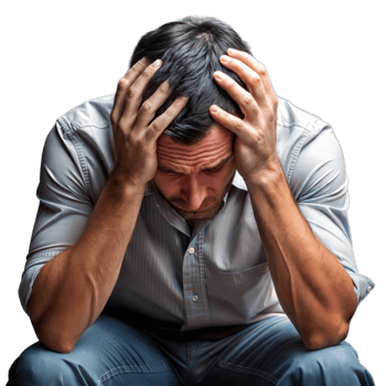 Distressed Man Sitting With Hands on Head in Despair Against Transparent Background png