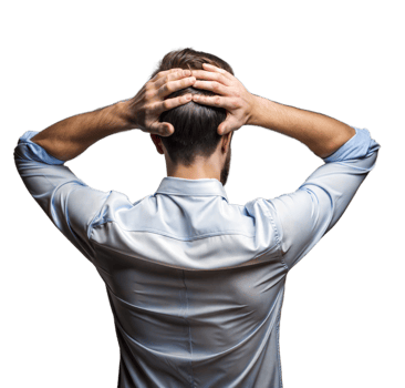 Rear View of a Man in a Blue Shirt Resting His Head on Interlocked Fingers png