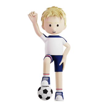 Football player with a ball under his foot and bum fist up 3d character png