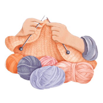 A watercolor composition of knitting, with two hands skillfully crafting fabric. colorful wool yarn balls in various warm hues, for crafting blogs, knitting tutorials cozy home decor prints png