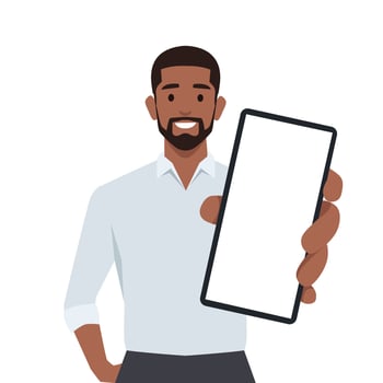 Young man holding smartphone close up. vector