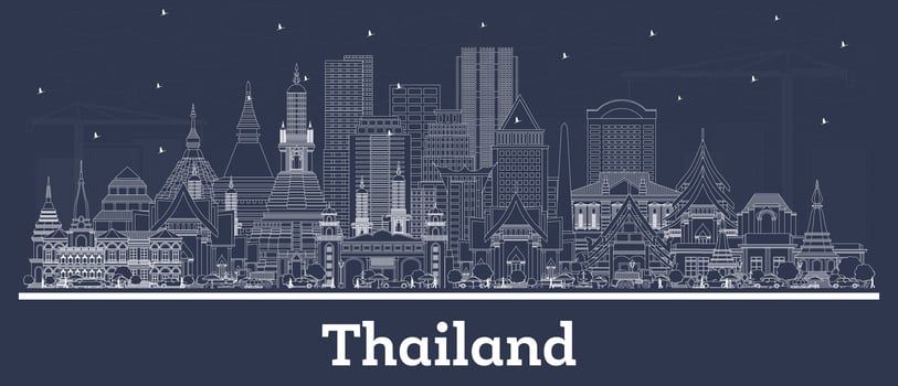 Outline Thailand City Skyline with white Buildings. Tourism Concept with Historic Architecture. Thailand Cityscape with Landmarks. vector