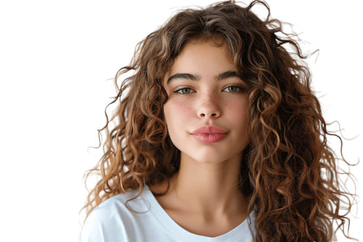 Headshot of girl with curly hairstyle wearing t-shirt send air kiss pouted lips on isolated transparent background png