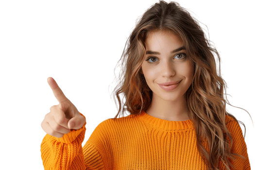 Confident woman dressed orange sweater pointing finger empty space on isolated transparent background png