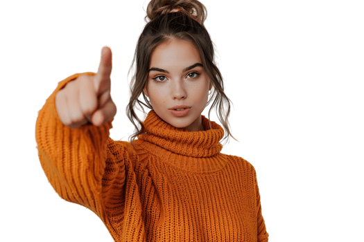 Confident woman dressed orange sweater pointing finger empty space on isolated transparent background png