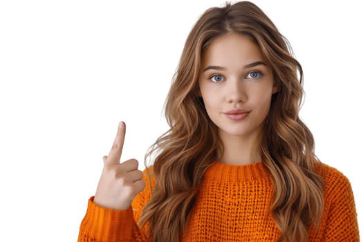 Confident woman dressed orange sweater pointing finger empty space on isolated transparent background png