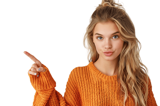 Confident woman dressed orange sweater pointing finger empty space on isolated transparent background png