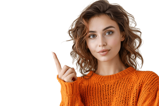 Confident woman dressed orange sweater pointing finger empty space on isolated transparent background png