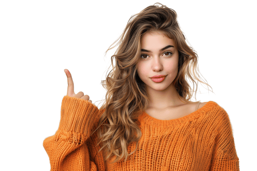 Confident woman dressed orange sweater pointing finger empty space on isolated transparent background png