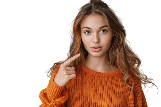 Confident woman dressed orange sweater pointing finger empty space on isolated transparent background png