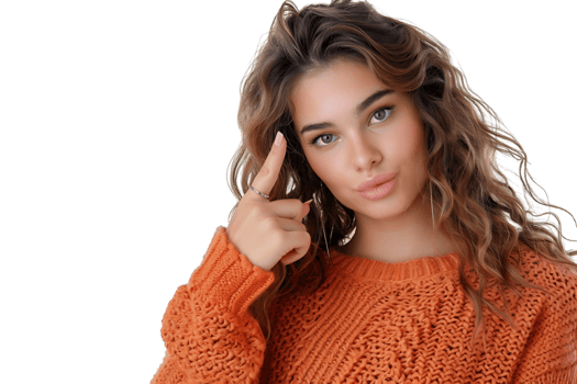 Confident woman dressed orange sweater pointing finger empty space on isolated transparent background png