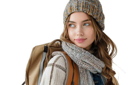 Pretty cute girl dressed stylish clothes going to university on isolated transparent background png