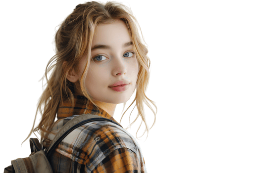 Pretty cute girl dressed stylish clothes going to university on isolated transparent background png