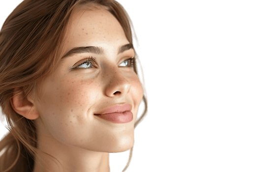 Portrait of satisfied glad lovely lady beaming smile look empty space on transparent background png