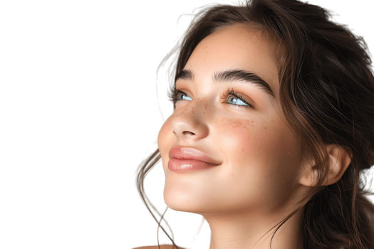 Portrait of satisfied glad lovely lady beaming smile look empty space on transparent background png