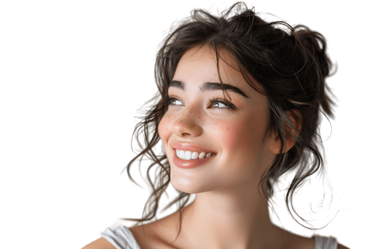 Portrait of satisfied glad lovely lady beaming smile look empty space on transparent background png