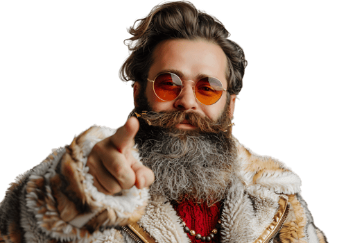 Portrait of stylish trendy funny Santa pointing at camera on transparent background png