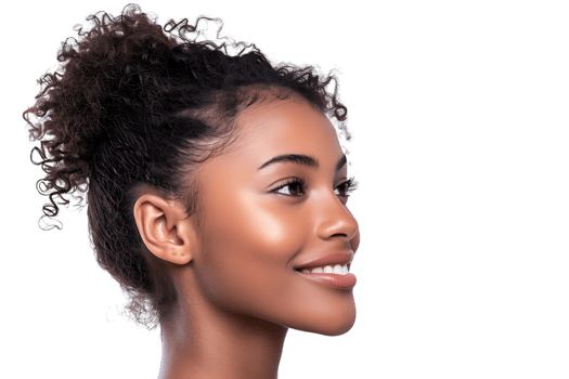 Portrait of satisfied glad lovely lady beaming smile look empty space on transparent background png