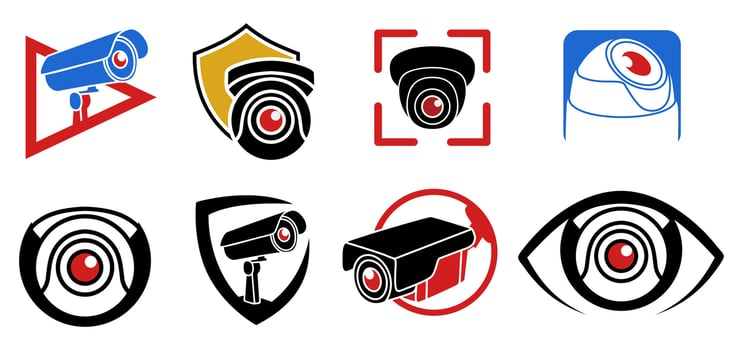 Set CCTV public security logo. surveillance spy camera desig vector