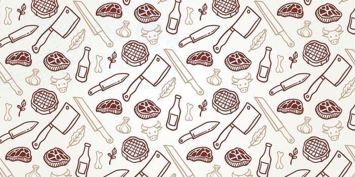 butcher shop seamless pattern, barbecue meat and cooking tools seamless pattern. BBQ, meat, vegetables, beer, wine and equipment icons vector