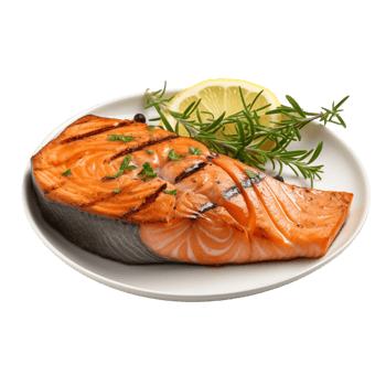 A Perfectly Grilled Salmon Fillet Garnished with Lemon, Rosemary, and Herbs png