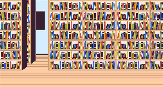 Public library interior cartoon flat illustration. Bookshelves with various literature in store 2D line interior colorful background. Bookshop with high racks scene storytelling image vector