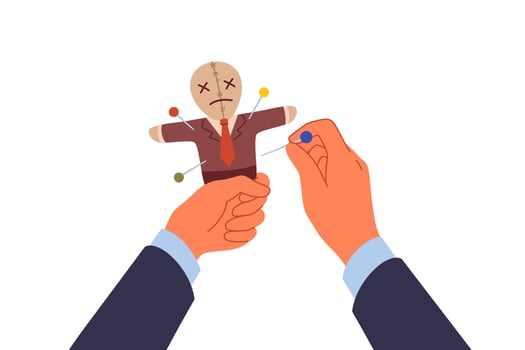 Voodoo doll in hands of business man who uses black magic and pagan curses for unfair competition vector