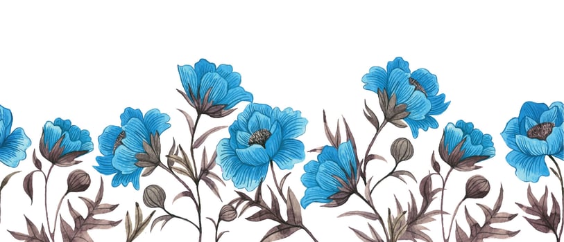 seamless border with blue poppies. watercolor drawing, frame with wildflowers vector