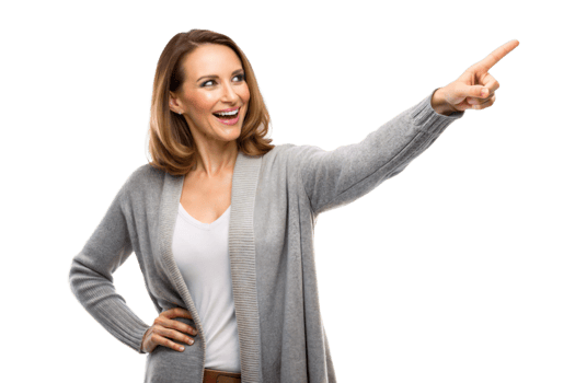 A cheerful woman gestures to something out of frame png