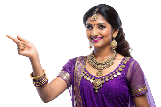 A smiling woman adorned in a traditional outfit points to the side png