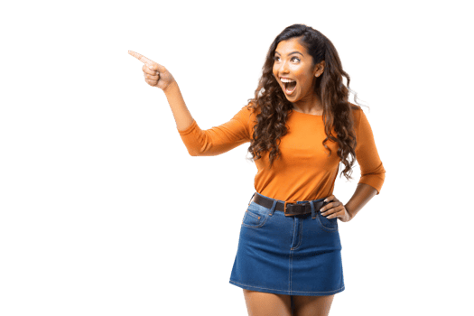 Woman gesturing surprise with a point and wide-eyed expression png