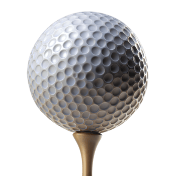 A golf ball teed up close-up with a stark transparent backdrop png