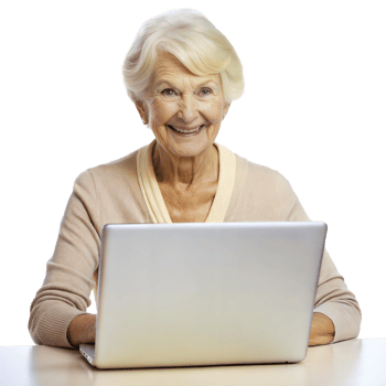 Smiling elderly lady engaging with technology, radiating positivity png