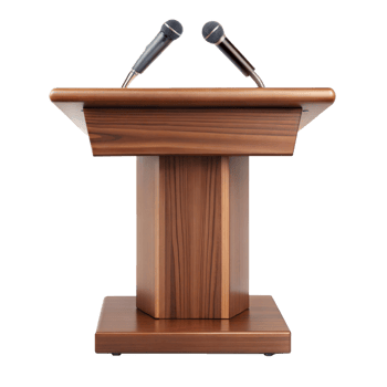 A wooden podium equipped with two microphones against an isolated backdrop png