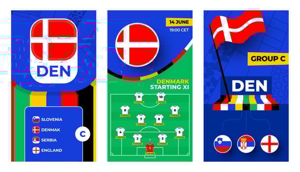 Denmark Football team 2024 vertical banner set for social media. Football 2024 banner with group, pin flag, match schedule and line-up on soccer field vector