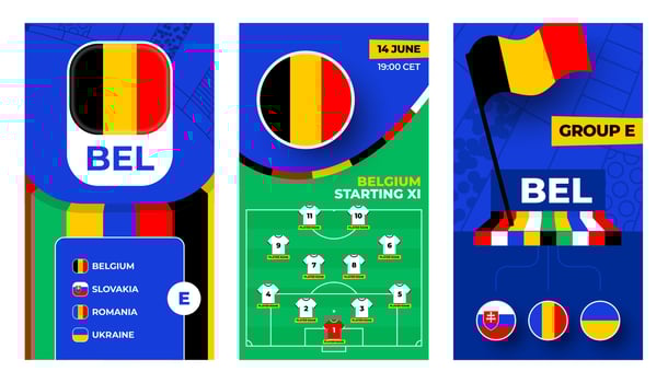 Belgium Football team 2024 vertical banner set for social media. Football 2024 banner with group, pin flag, match schedule and line-up on soccer field vector
