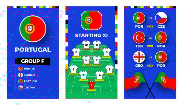 Portugal team football 2024 vertical banner set for social media. Football 2024 banner set with group, pin flag, match schedule and line-up on soccer field vector