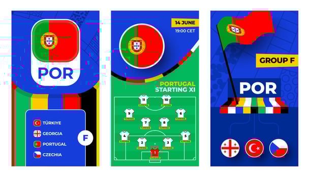 Portugal Football team 2024 vertical banner set for social media. Football 2024 banner with group, pin flag, match schedule and line-up on soccer field vector