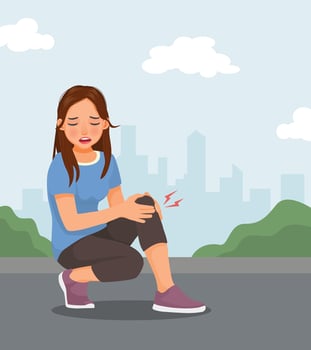 Young woman hands holding her painful knee having leg injury while exercising vector
