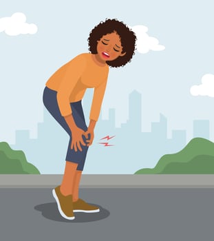 Young African woman hands holding her painful knee having leg injury while exercising vector