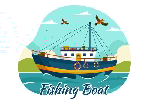 Fishing Boat Illustration with Fishermen Hunting Fish Using Ship at Sea in Flat Cartoon Background Design vector